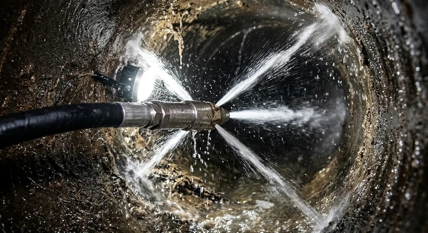 High-pressure hydro jetting nozzle cleaning sewer pipe for Storm Drain Cleaning in Hesperia