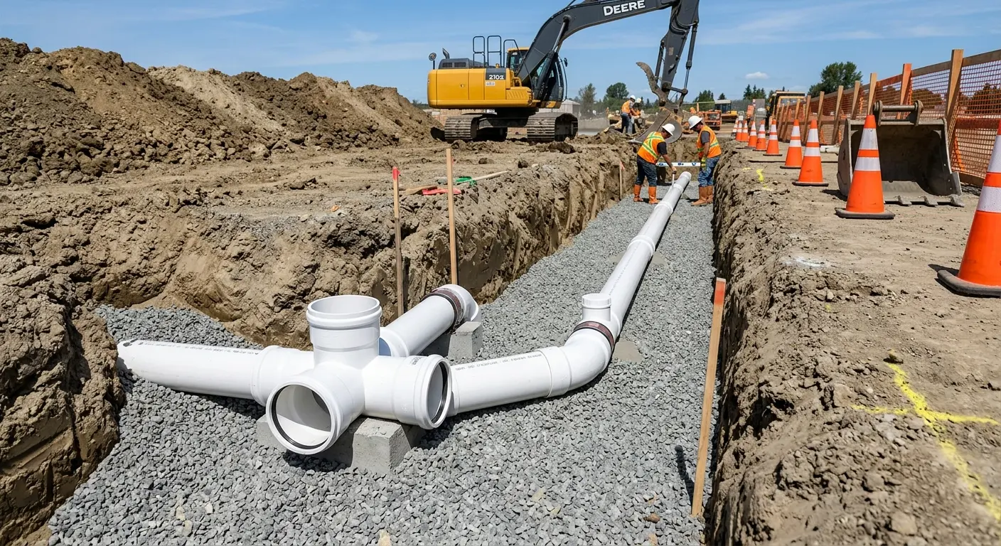 New PVC sewer pipe installation in open trench for Sewer Camera Inspection in Hesperia