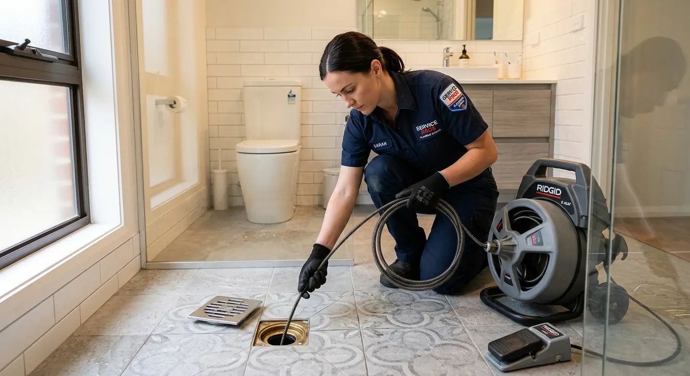 Technician clearing a bathroom floor drain for Sewer Line Installation in Hesperia